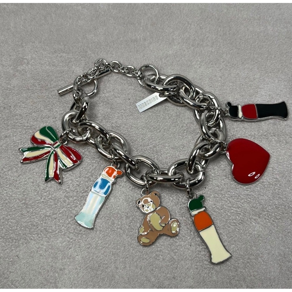 Moschino Silver Tone Enamel Charm Bracelet Teddy Bear Heart Bow Toggle 8.5"